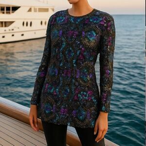 Vintage Art Deco 100% Silk Sequin & Beaded Top M